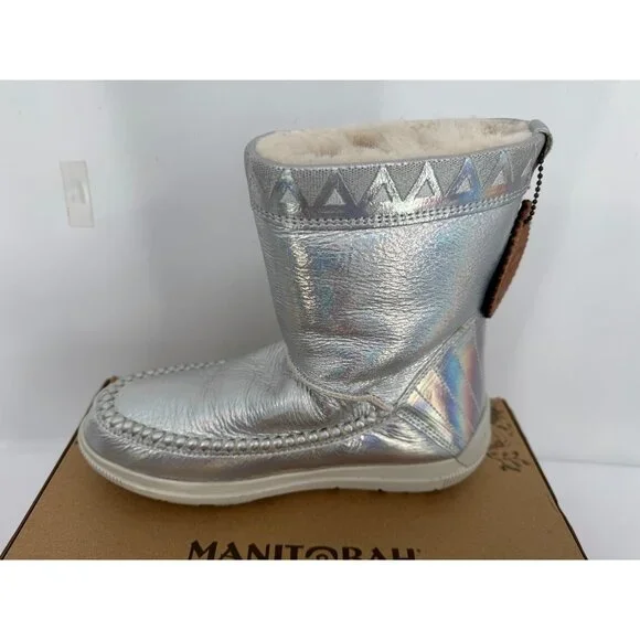NIB MANITOBAH Silver Metallic Leather Shearling Wool Fur Moccasins Boots Sz 8 - Picture 7 of 14